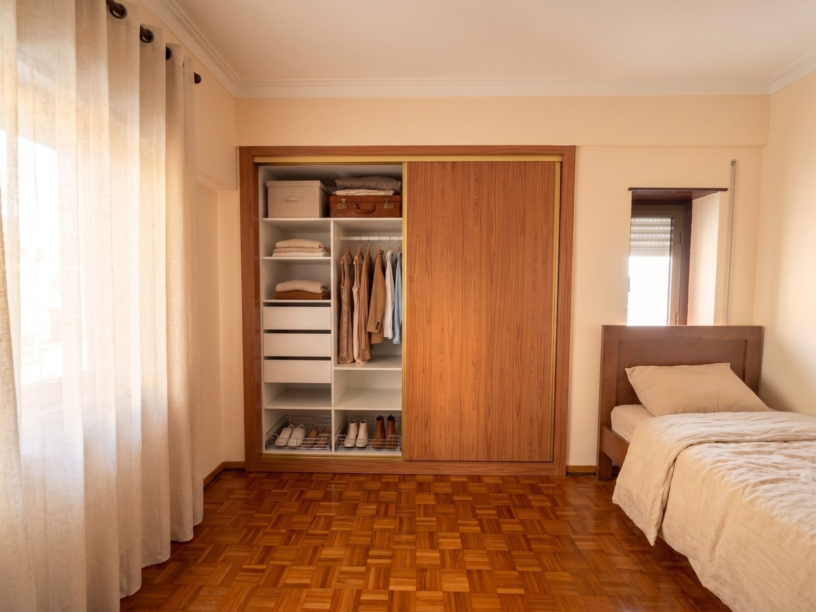 Roupeiro de portas de correr em nogueira com interior por medida, quarto